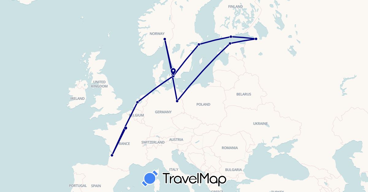 TravelMap itinerary: driving in Germany, Denmark, Estonia, Finland, France, Netherlands, Norway, Russia, Sweden (Europe)